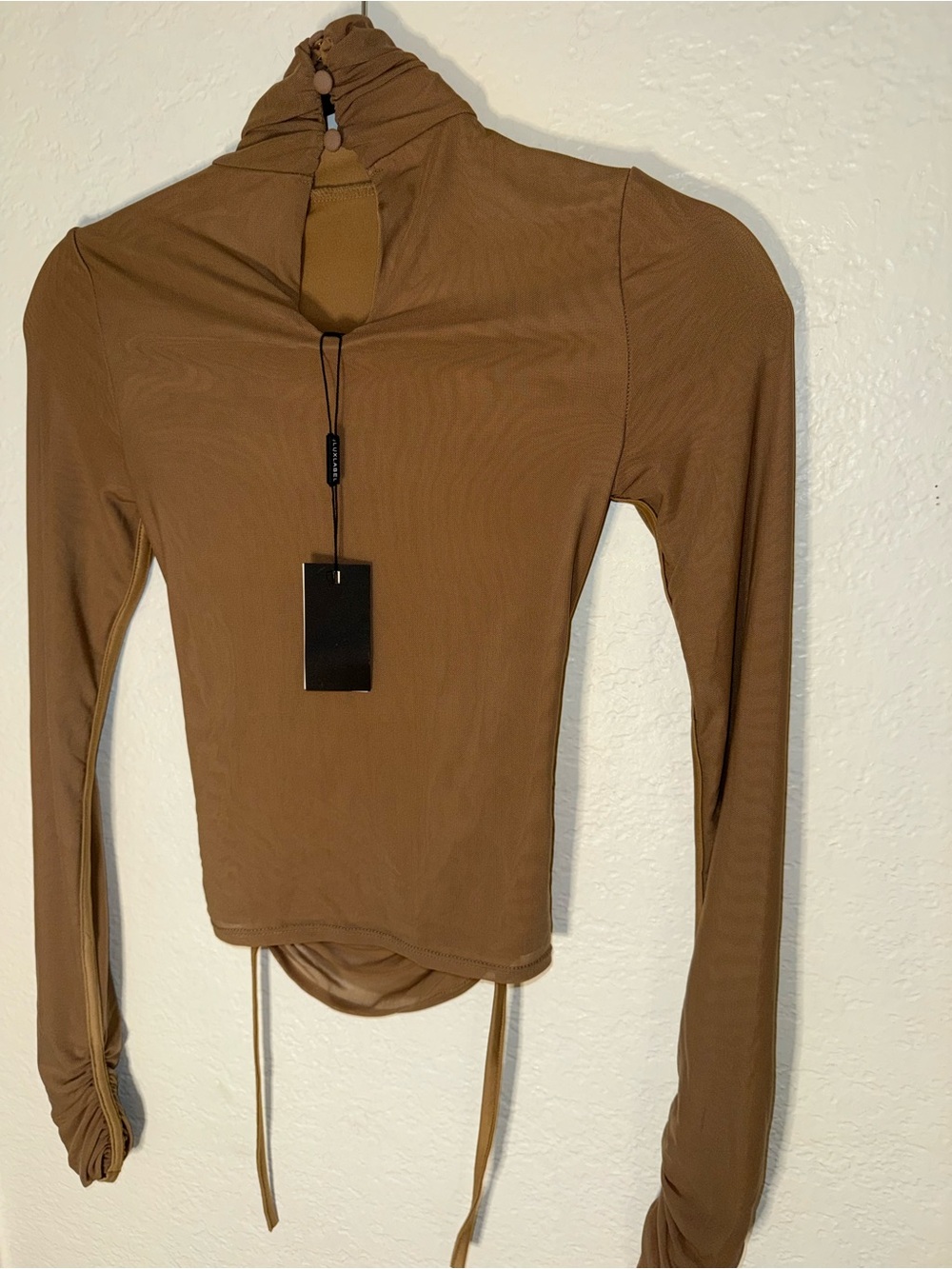 JLUXLABEL Brown Long Sleeve Ruched Neck Tie-Back Top